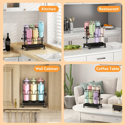 Cup Holder Rack 6-Grid Cast Iron Water Bottle Organizer for Kitchen Cabinet | Adjustable Height Drinkware Storage Rack Holds 40oz Cups Mugs