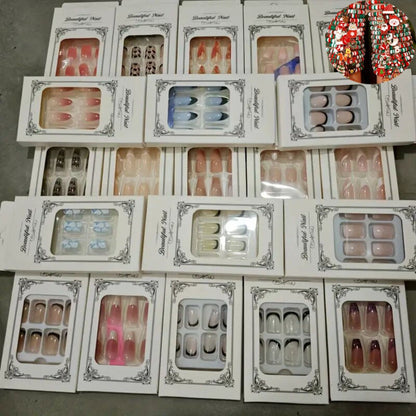 Press On Nails 216-Piece Nine-Set Random Mixed-Color Rhinestone Glossy Middle-Length Collection