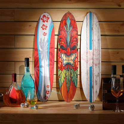 Wooden Surfboard Wall Art 15.74", Rustic Tropical Beach Decor with Hibiscus & Tiki Mask Design