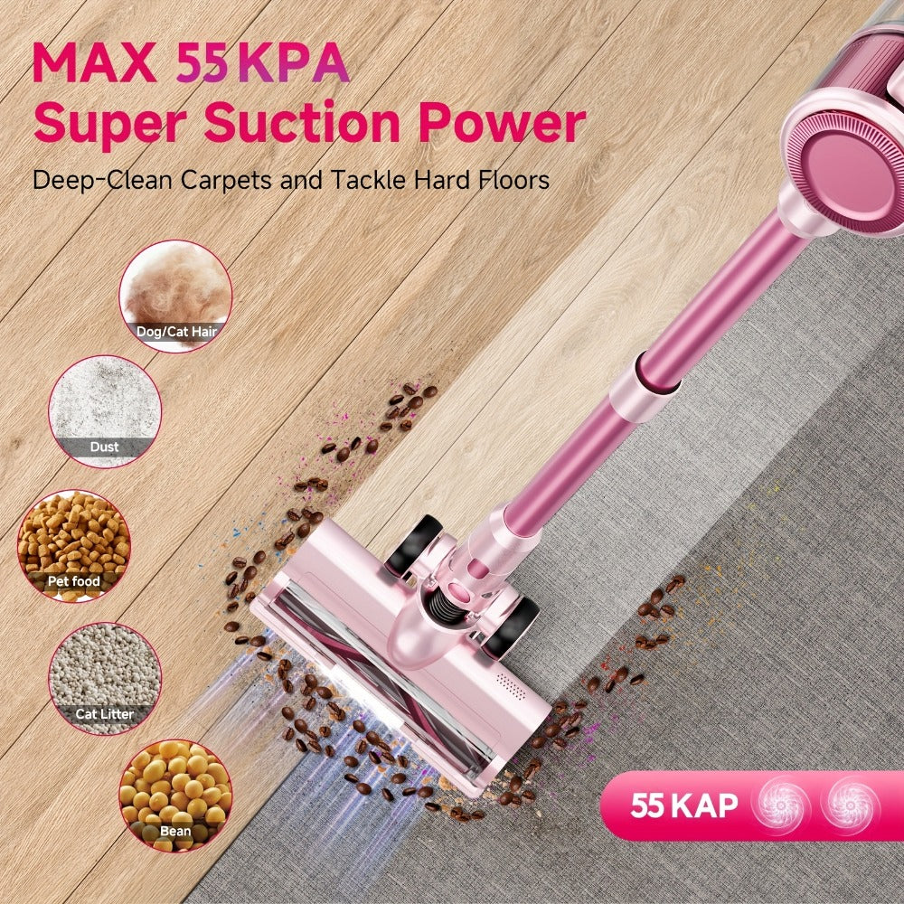 Cordless Vacuum Cleaner 55KPa 8-in-1 Stick Vacuum with LED Light 180° Swivel Wireless for Entryways, Bedrooms and Living Spaces