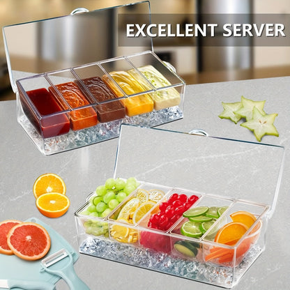 Bar Serving Tray on Ice with 5 Compartments & Lid, Garnish Condiment Platter with 5 Forks & 3 Pliers