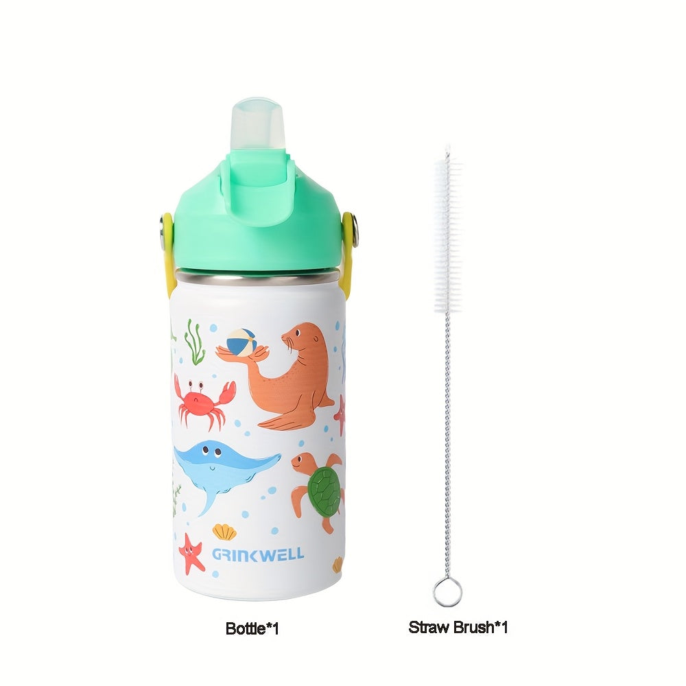 Insulated Stainless Steel Water Cup with Straw | 12oz 340ml, 3D Cartoon Pattern, Double Wall, Handle & Straw Brush – Travel