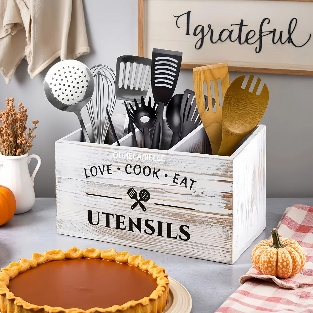 Wooden Cutlery Storage Box with Grid Compartments Chopstick Organizer Rack with Metal for Home Cooking, Dining and Outdoor Meals