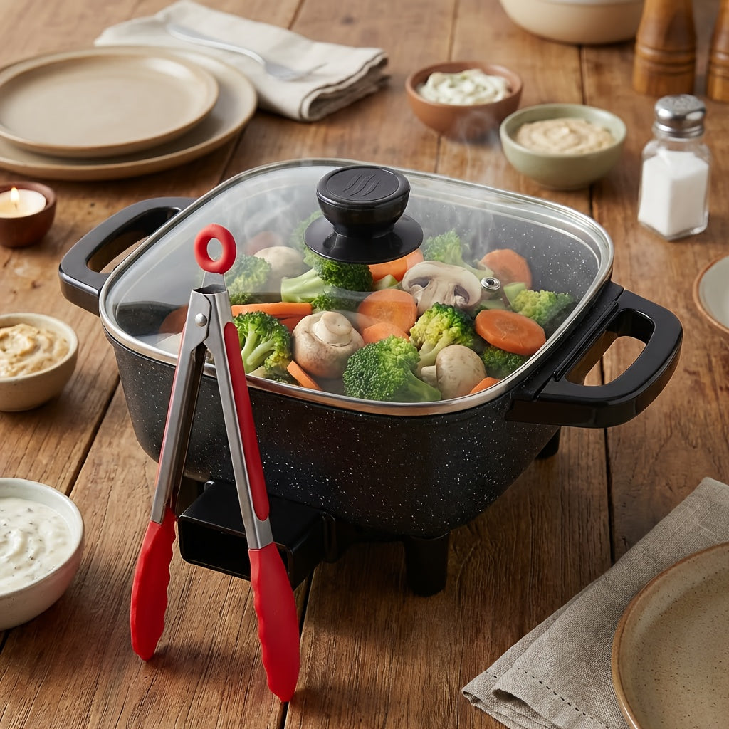 Electric Mini Square Hot Pot 8-Inch Non-Stick Speckled Coating Glass Lid Cool-Touch Handle for Home Cooking, Dining and Outdoor Meals