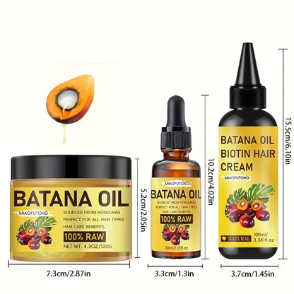 Three-Piece Batana Oil and Biotin Hair Care Set with Large Cream Jar and Coordinated Containers