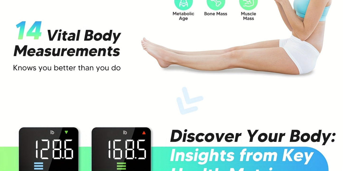 Smart Body Scale 14-in-1, Body Fat Scale with BMI, Mass & 14 Health Metrics, Wireless Bluetooth App Sync