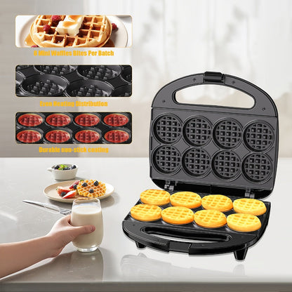 Mini Waffle Maker Machine Makes 8 Bite-Sized 2-Inch Waffles, Dual Non-Stick Aluminum Plates, Cool-Touch Handle
