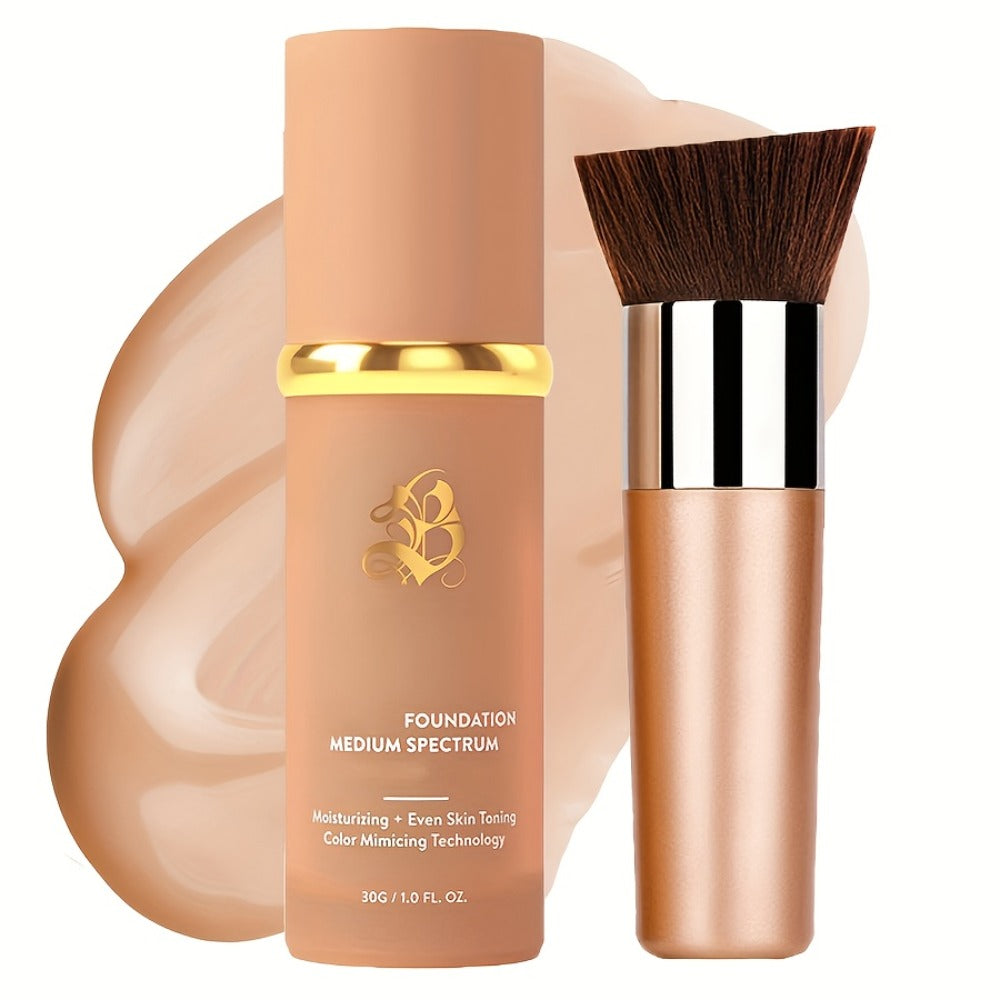 Color-Shifting Liquid Foundation and Flat-Top Brush Kit with Natural Finish and Buildable Coverage