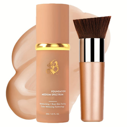 Color-Shifting Liquid Foundation and Flat-Top Brush Kit with Natural Finish and Buildable Coverage