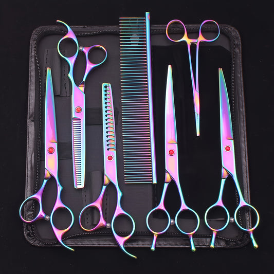 Dog Grooming Scissors Set 7 Piece – Japanese Stainless Steel Cutting Thinning Chunker Shears with Pet Comb for All Breeds