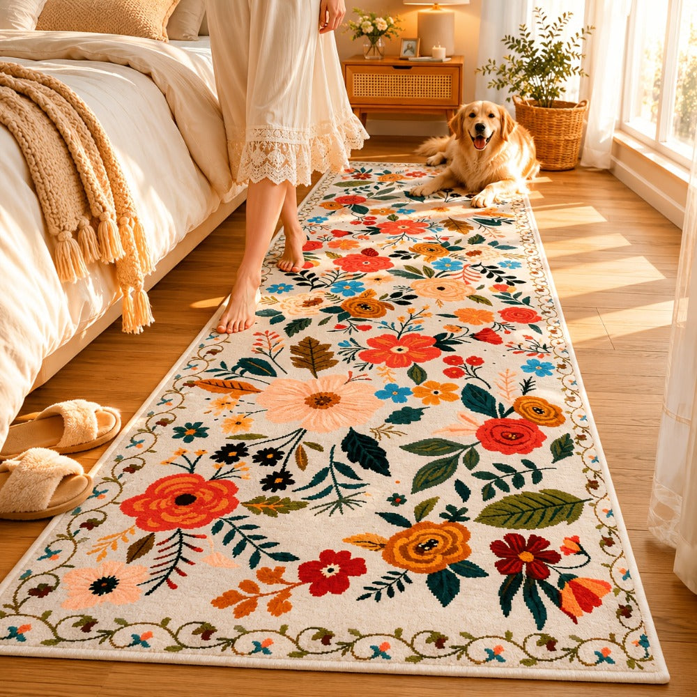 Area Rug for Bedroom, Bohemian Floral Plush Runner with Four Machine-Washable Sizes for Bedroom or Kitchen