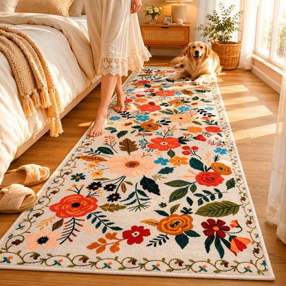 Area Rug for Bedroom, Bohemian Floral Plush Runner with Four Machine-Washable Sizes for Bedroom or Kitchen