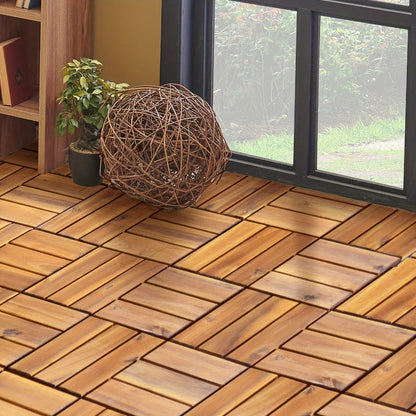 Interlocking Acacia Wood Deck Tiles 27-Pack – 12x12 Inch Oil-Finished Slat Tiles, Covers 27 Sq Ft, Tool-Free Install, for Patio, Balcony
