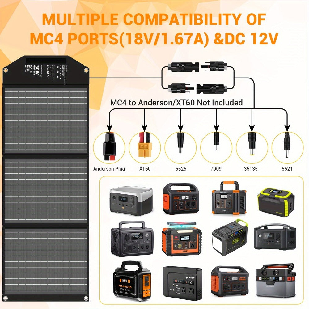 Foldable Solar Charger Panel 30W/60W/100W/200W – 18V MC4, Dual USB-A Quick Charge & USB-C PD 18W, Portable Solar Panel for Camping, RV