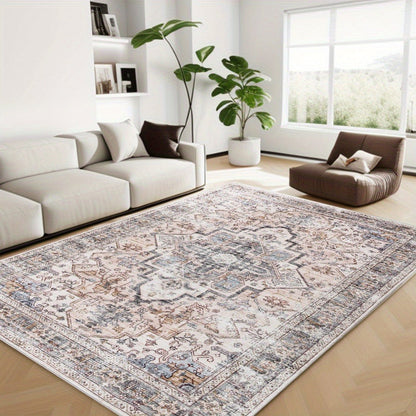 Area Rug Bohemian Retro Design in Beige or Grey with Six Foldable Machine-Washable Room Sizes