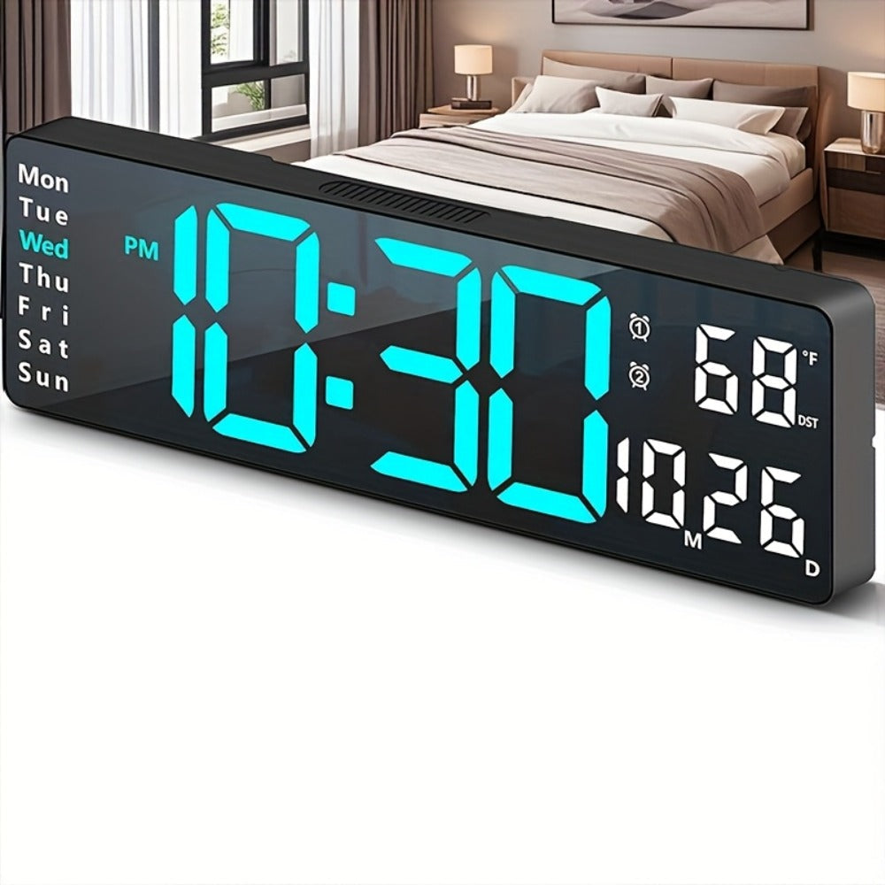 Large Digital Wall Clock 16 Inch LED Color Display, Smart Auto-Dimming 10-Level Brightness, Time Temperature Humidity Monitor