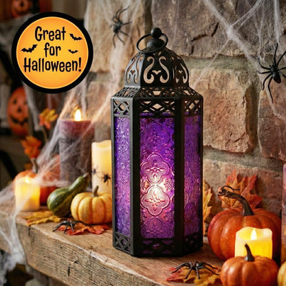 Moroccan Candle Lantern Holder - Decorative Metal & Glass Lantern with Embossed Floral Design for Indoor Home Decor