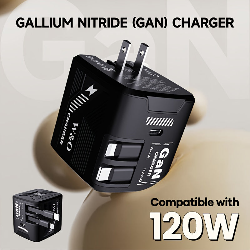 Dual Cable GaN Charger 120W with Built-In 47in Type-C & Lightning Retractable Cables, Foldable Plug – Tangle-Free Fast Charging USB-C Wall