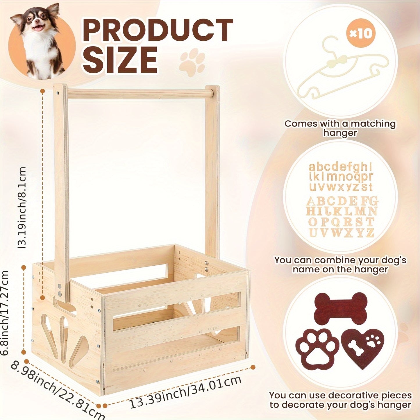 Wooden Pet Wardrobe Storage Box 20"x13"x9" – Dog & Cat Toy Organizer with Hanging Pole & PET Letters | Easy Assemble Basket for Pet