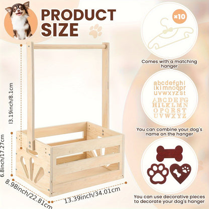 Wooden Pet Wardrobe Storage Box 20"x13"x9" – Dog & Cat Toy Organizer with Hanging Pole & PET Letters | Easy Assemble Basket for Pet