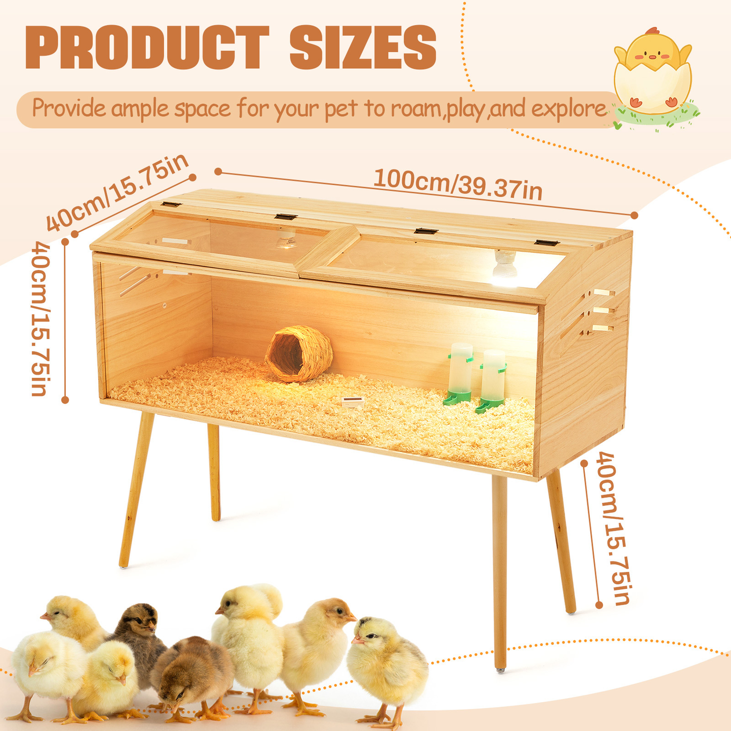 Brooder Box Kit 40x16x16 in for Chicks, Quail & Ducks, Indoor/Outdoor with Leg Stand, Sliding Door