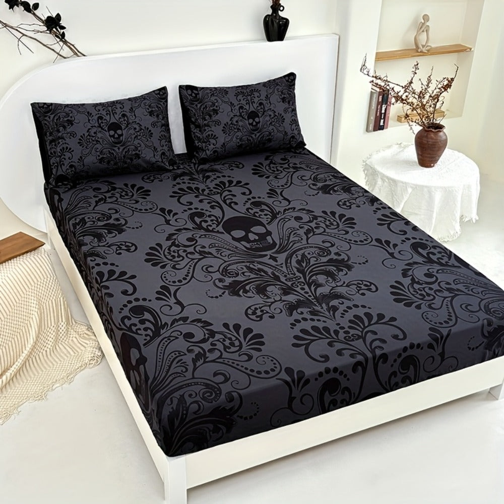 Gothic Skull Fitted Sheet Set 3-Piece, Victorian Baroque Halloween Bedding, 1 Deep Pocket Fitted Sheet + 2 Pillowcases