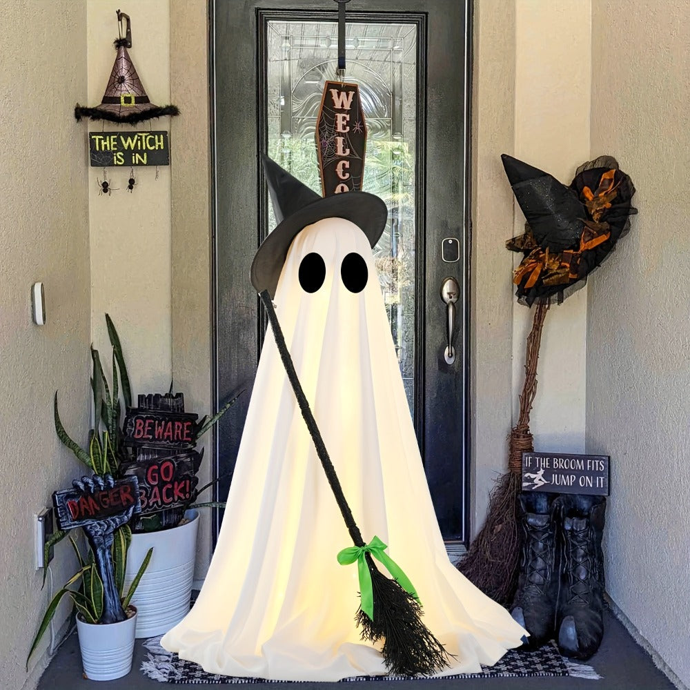 Halloween Ghost with Broom Outdoor Decoration, Eerie Spooky Ghost Ornament for Porch, Yard, Garden & Lawn
