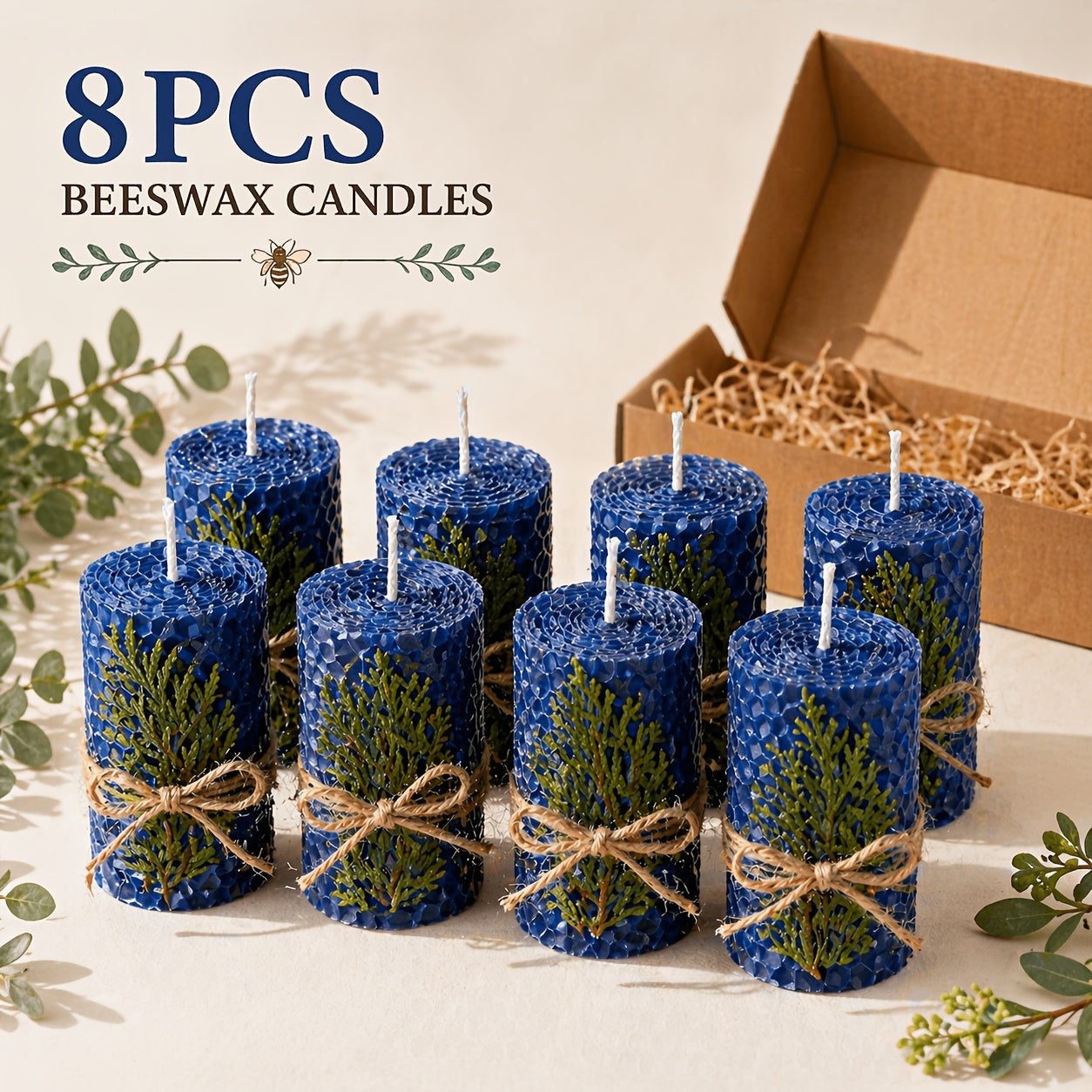 Honeycomb Beeswax Pillar Candles, 10cm by 3.5cm in Yellow, Purple, Red or Blue with Single or Eight-Piece Options