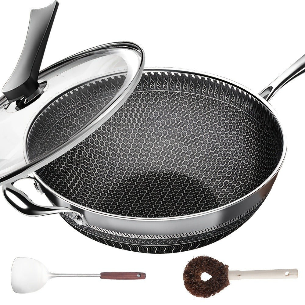 Stainless Steel Wok Set 13.3 Inch Non-stick Honeycomb Design with Lid & 2 Cookware Accessories