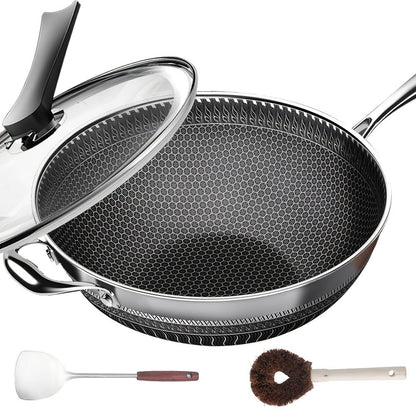 Stainless Steel Wok Set 13.3 Inch Non-stick Honeycomb Design with Lid & 2 Cookware Accessories
