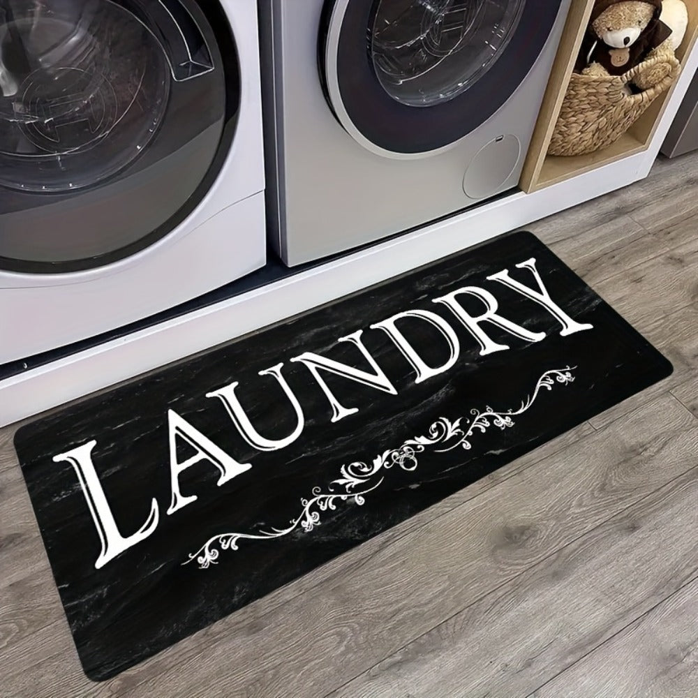Laundry Room Mat Black & White LAUNDRY Text Non-Slip Machine Washable – Soft Polyester Cut-Pile Floor Rug for Laundry Room, Bathroom