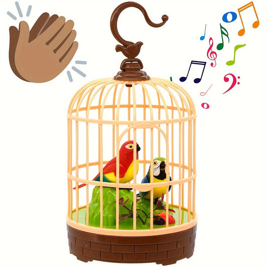 Mini Voice-Activated Birdcage Toy, Chirping & Wing-Fluttering Parrot, Interactive Sound-Responsive Animal Toy