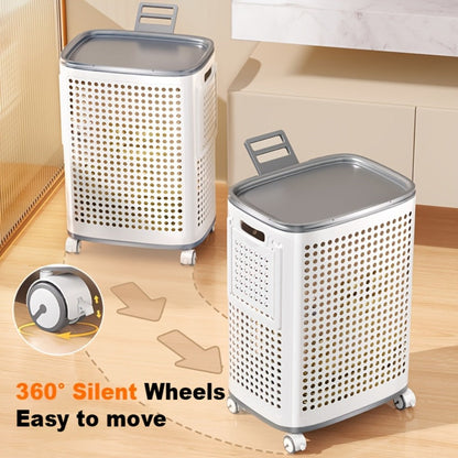 Rolling Laundry Basket with Lid and Wheels, Large Foldable Ventilated Storage Bin with Lockable Casters