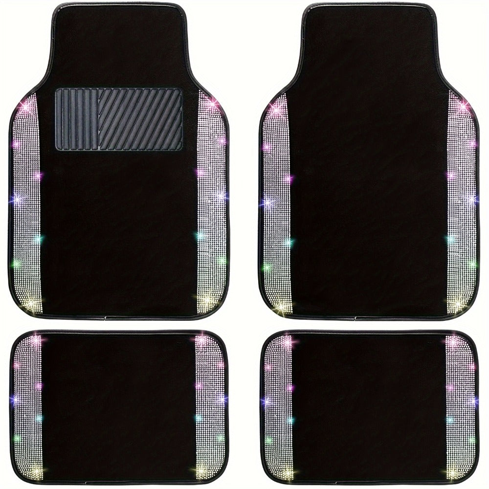 Rhinestone-Border Car Floor Mats, Four-Piece Black Carpet Set with Seven Accent Color Options