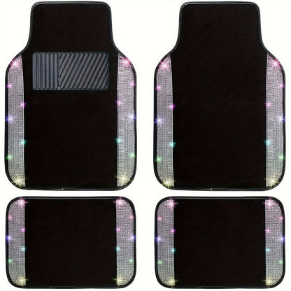 Rhinestone-Border Car Floor Mats, Four-Piece Black Carpet Set with Seven Accent Color Options