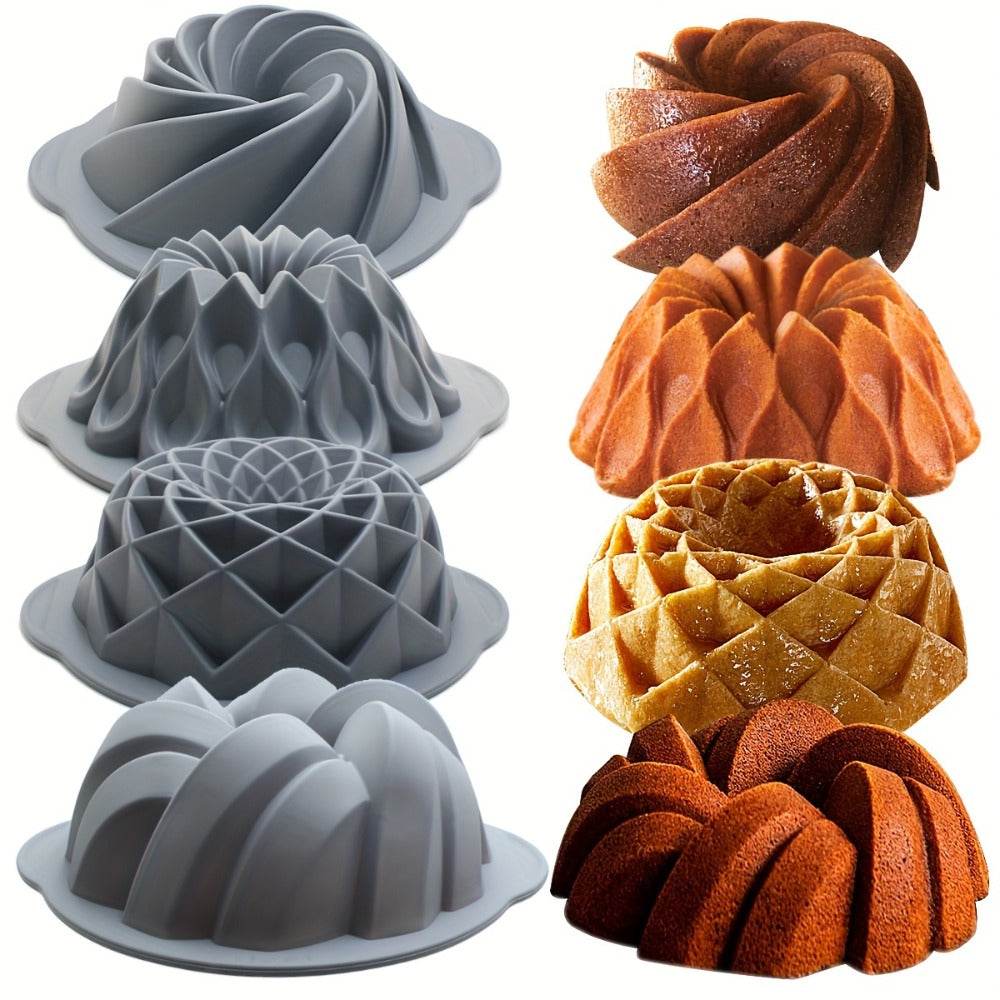 Silicone Bundt Cake Pan Set 9-Piece, Nonstick Fluted Hollow Cake Molds in Crown Nest Spiral Braided Shapes