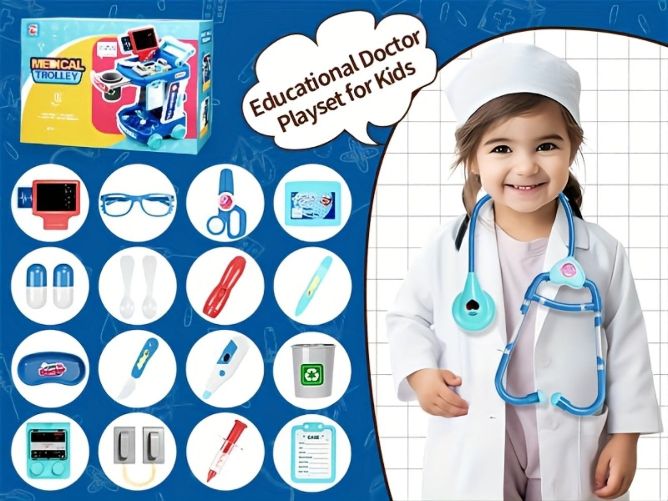 Kids Doctor Kit with Medical Cart Set, Movable Toy Trolley, Stethoscope, Thermometer & Accessories