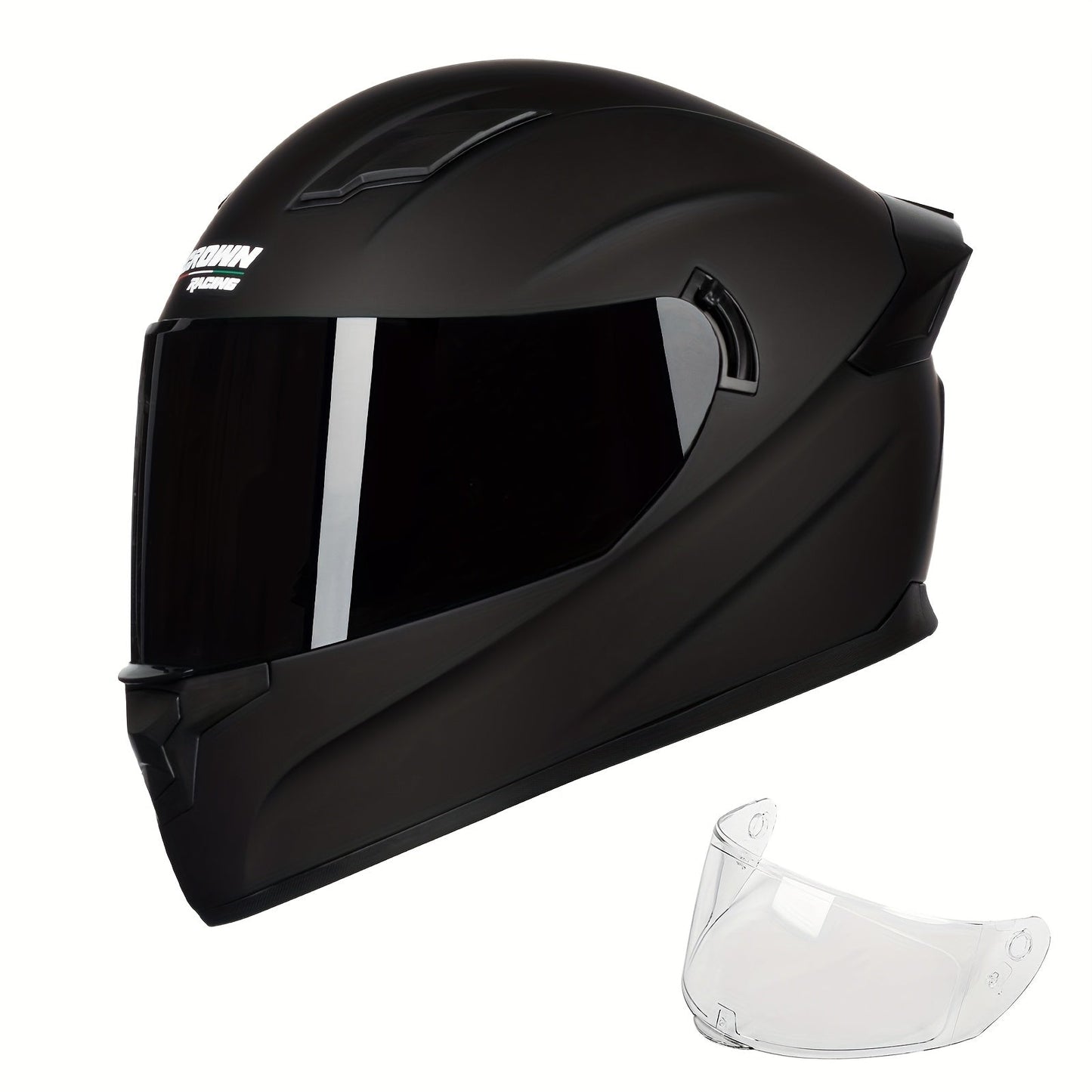 Motorcycle Helmet Crown Racing Full-Face Black Shell with Clear and Tinted Shields, M-XL Sizes and Padded Interior