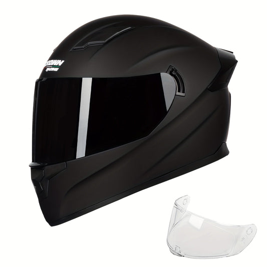 Motorcycle Helmet Crown Racing Full-Face Black Shell with Clear and Tinted Shields, M-XL Sizes and Padded Interior