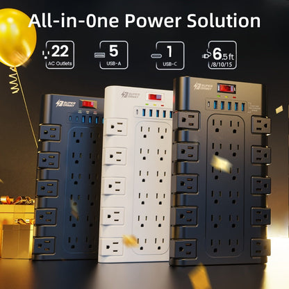 Surge Protector Power Strip 28-in-1, 22 AC Outlets 1875W 15A, 5 USB-A 1 USB-C Ports, Flat Plug Wall Mount