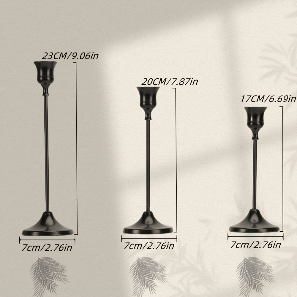 Candle Holder Set 30-Piece Black Metal Taper Stands in Three Heights with Round Bases and 0.86-Inch Cups