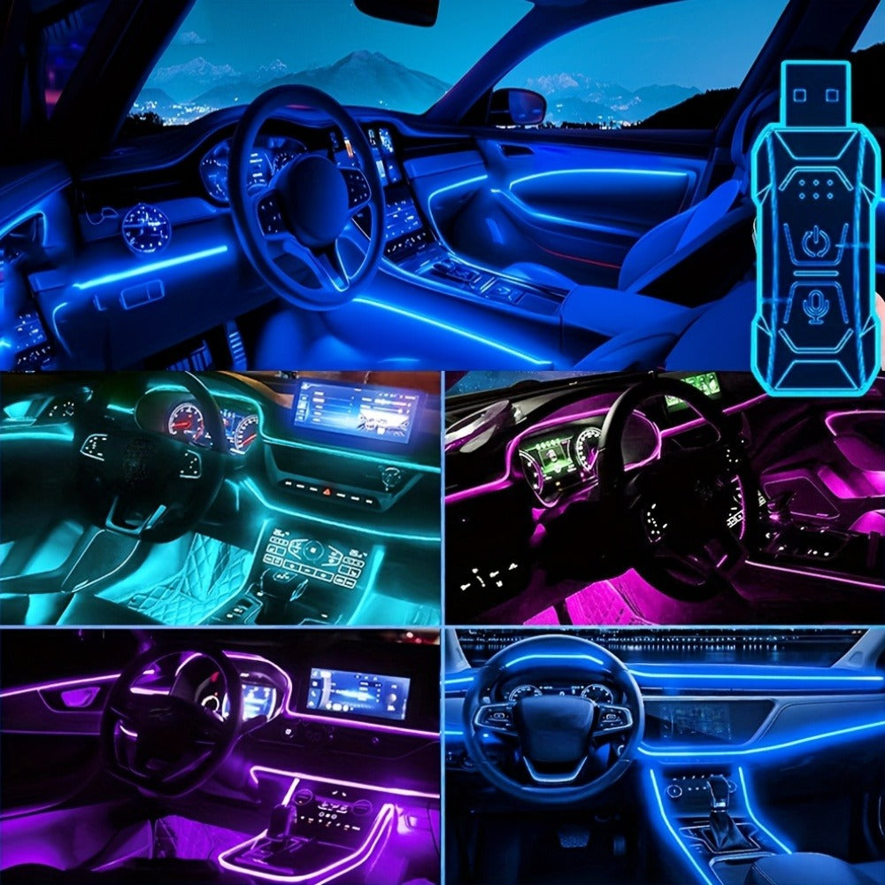 Car Interior Ambient Lighting Kit with Four Checkout Configurations, App-Button Control and Fiber-Style Strips