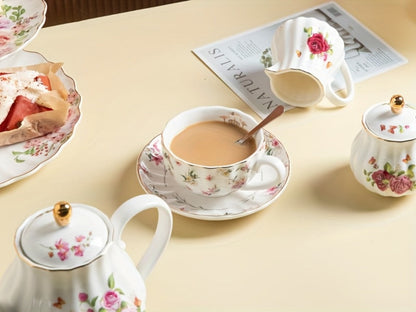 Porcelain Tea Set Service for 6 British Royal Floral Design with Teapot Sugar Bowl Cream Pitcher Teaspoons Tea Strainer 8oz Cups Saucers