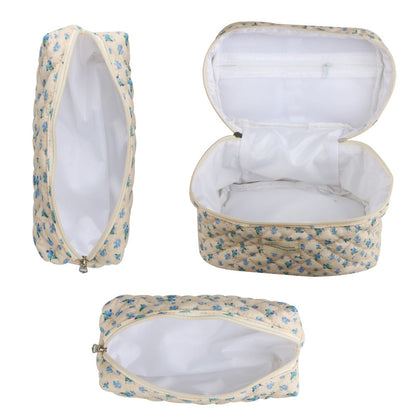 Quilted Floral Makeup Bag Set 3PCS Large Capacity Dual Layer Cotton Cosmetic Bags Coquette Aesthetic Travel Toiletry Organizer Gift