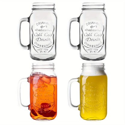 Handled Mason Jar Drinking Glasses, Four-Piece 24-Ounce Set with 700 ml Capacity Labels for Cold Beverages