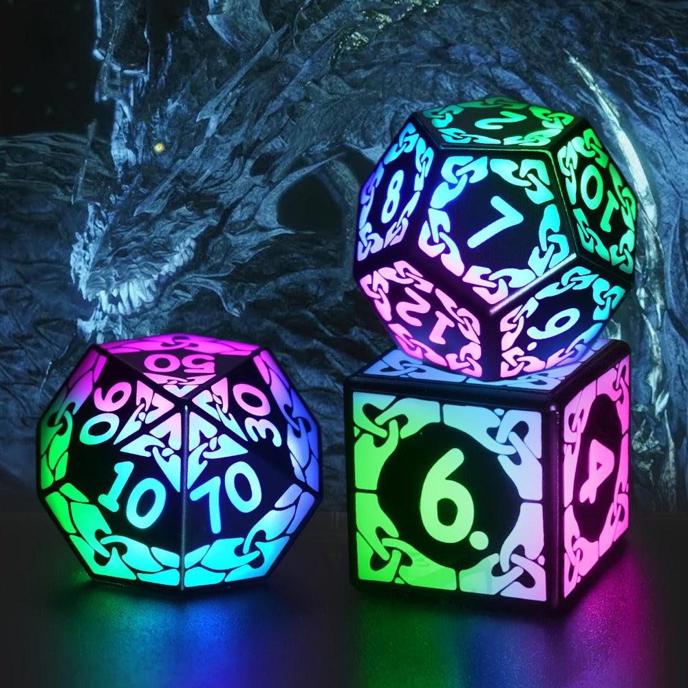 LED Dice Set 7pcs Wireless Rechargeable Light Up, Colorful Glowing Polyhedral Dice with Charging Box