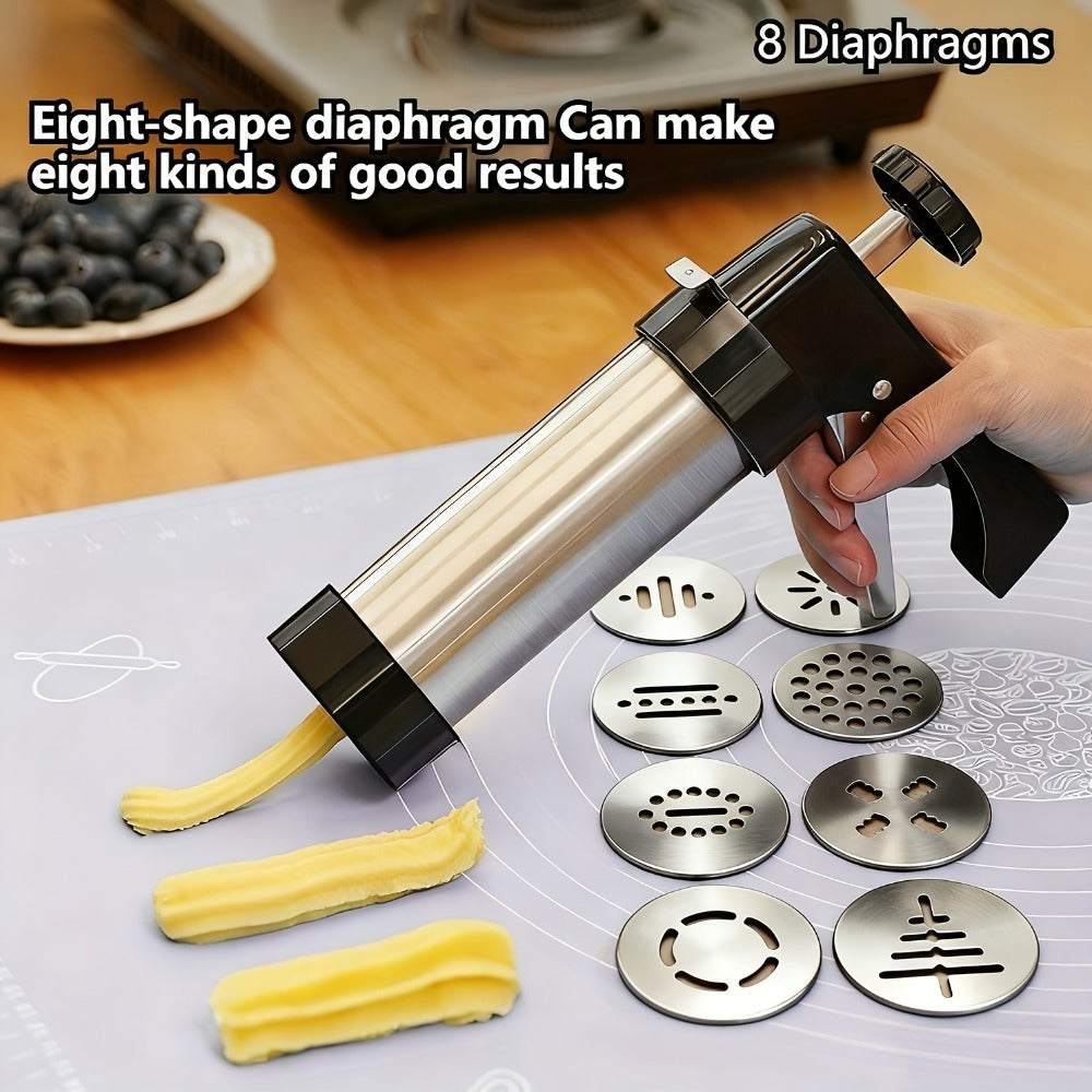 Cookie Press Set 8 Piece Stainless Steel Manual Churro Maker Flower Cookie Mold Baking Tool for Entryways, Bedrooms and Living Spaces