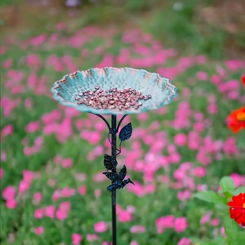 Green Sculpted Lotus-Leaf Bird Bath with 26 cm Bowl, 82 cm Ground Stake and Decorative Bird Perch