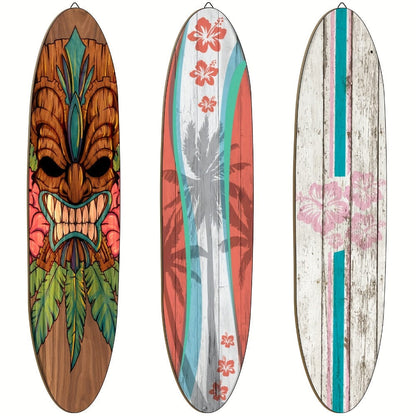 Wooden Surfboard Wall Art 15.74", Rustic Tropical Beach Decor with Hibiscus & Tiki Mask Design