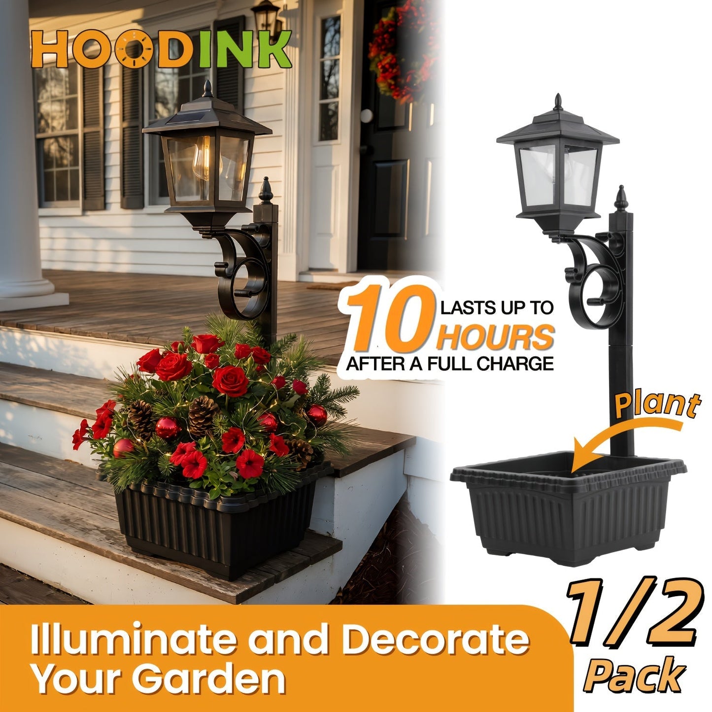 Solar Garden Light HOODINK Black Flower-Pot Lamp Post with Solar Panel, IP44 Label and 1- or 2-Pack Options